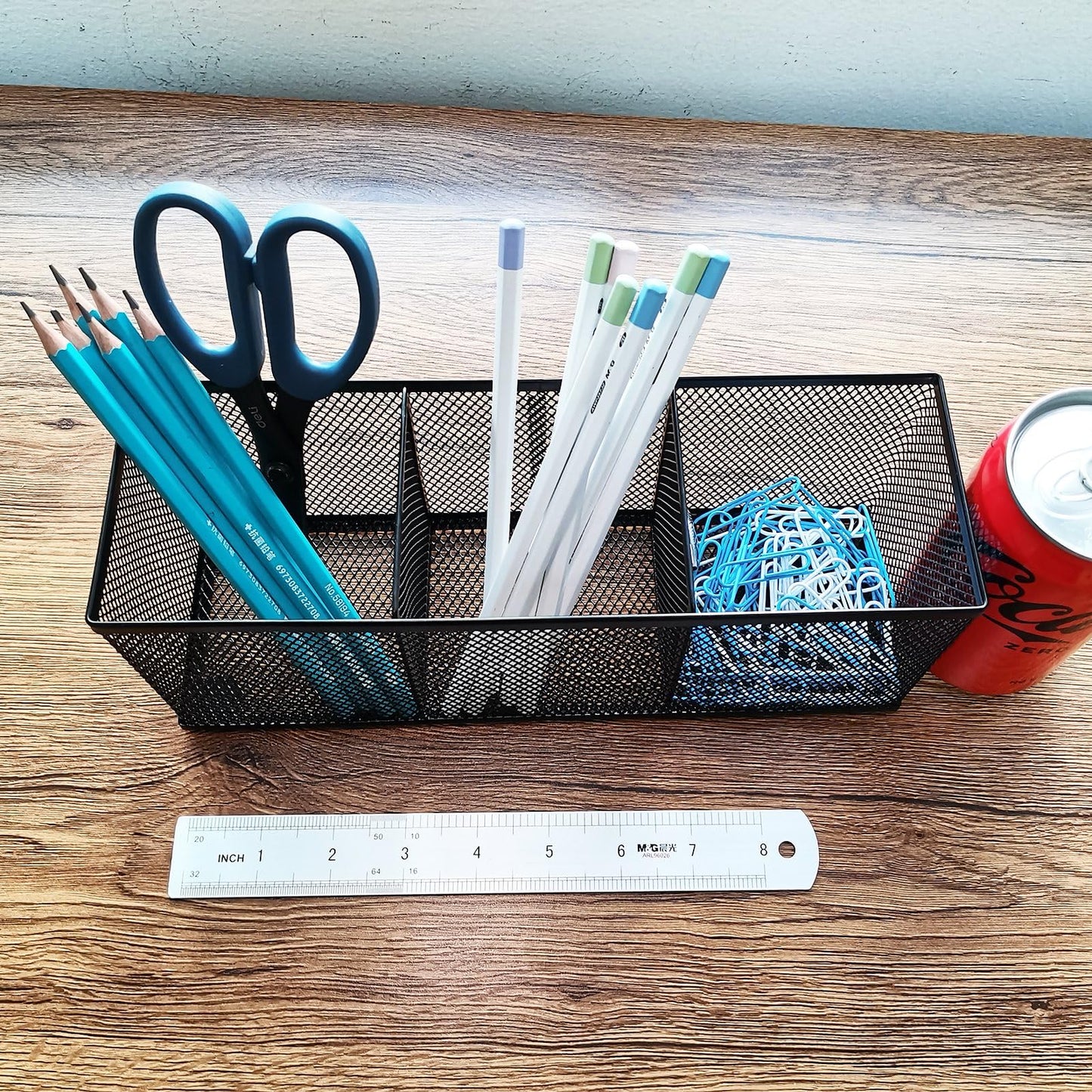 Metal Mesh Pencil Holder, Spacious 3-Compartment Desk Organizer for Pens, Makeup Brushes, Utensils, Multipurpose Office, School ,Kitchen, Home Desktop Storage, 10.43 x 3.35 x 4.04 Inches, Black