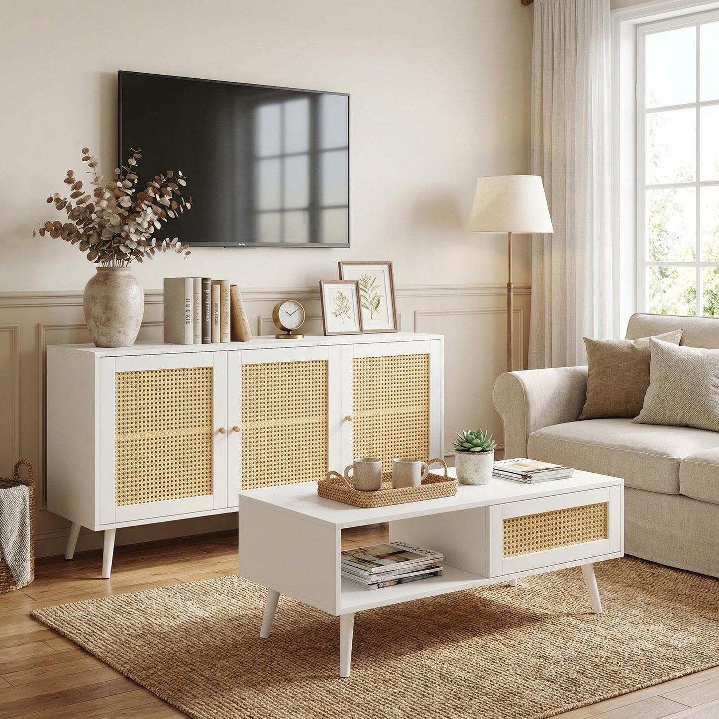 IDEALHOUSE Living Room Table Sets of 2, Includes 47" Rattan TV Stand Storage Cabinet for 55" TV, Farmhouse Coffee Table with Storage Shelf for Bedroom