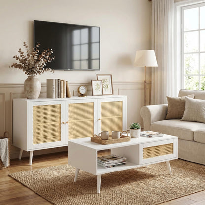 IDEALHOUSE Living Room Table Sets of 2, Includes 47" Rattan TV Stand Storage Cabinet for 55" TV, Farmhouse Coffee Table with Storage Shelf for Bedroom