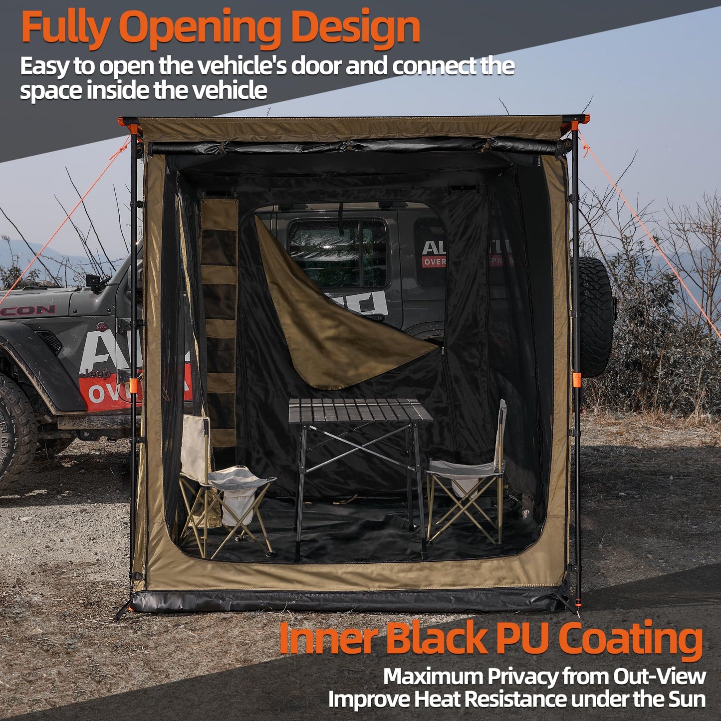 ALL-TOP Awning Room with Floor 8.2' x 10' Rip-Stop 210D Oxford Awning Tent with Bug-Resistance Mesh, Waterproof Sun Shelter for Overland, Camping(Black Coating, Room Only)