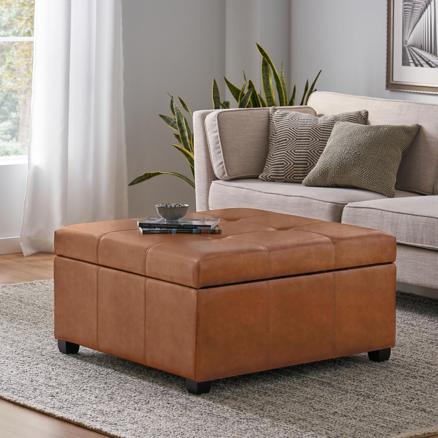 Christopher Knight Home Carlsbad PU Ottoman with Storage Square,Faux Leather Storage Ottoman Bench,Small Foot Rest Stool, End Side Table,Upholstered Toy Box Storage for Living Room Bed Room,Tan Brown