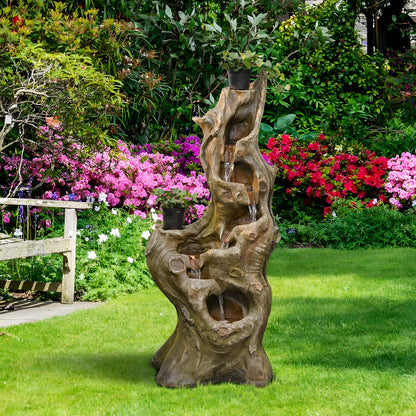 Sunlinua Water Fountain Outdoor 5-Tiers Large Cascading Realistic Tree Trunk Natural Waterfall Outdoor Fountains Resin Imitation Wood with LED Lights for Garden, Patio, Porch