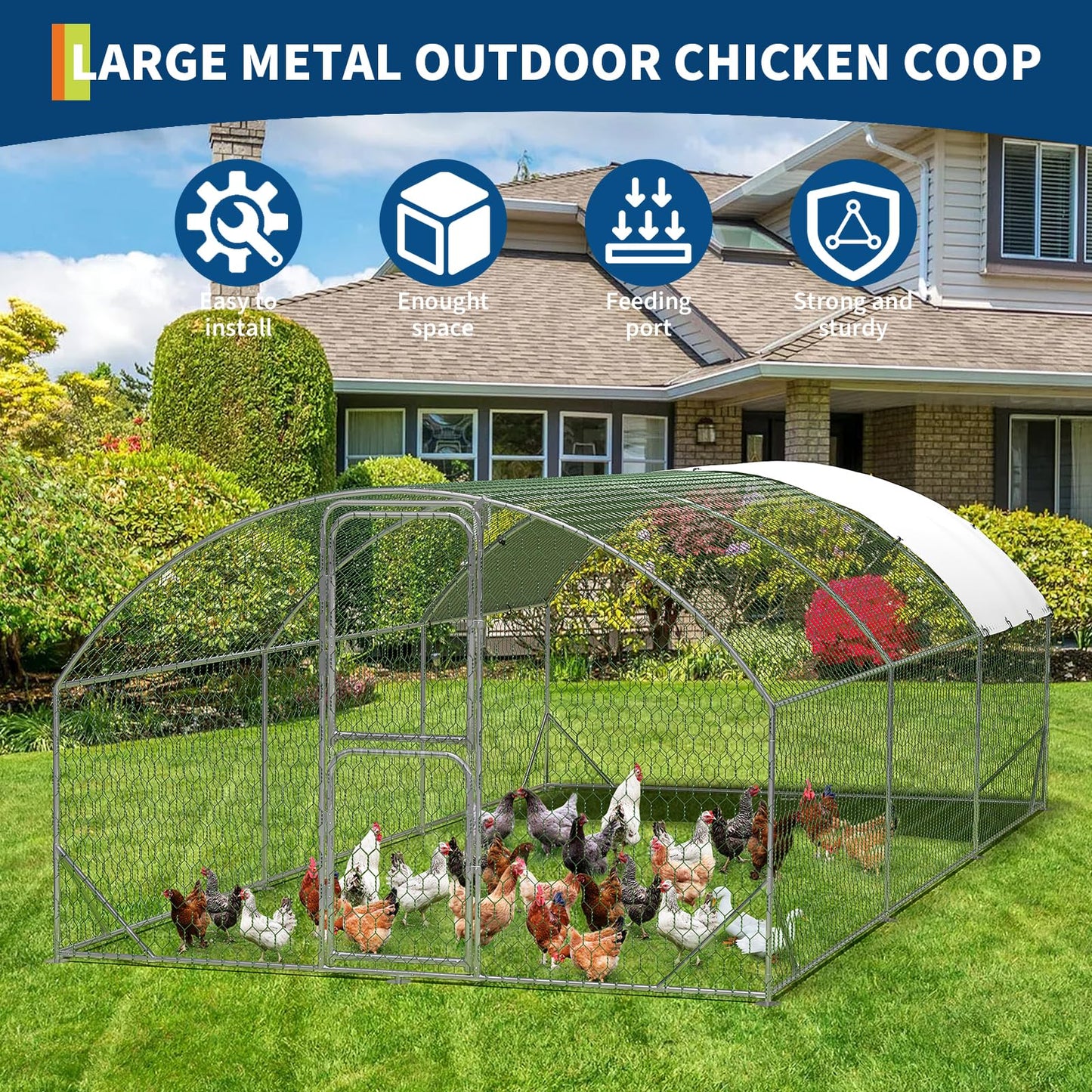 Large Metal Chicken Coop, Chicken Runs for Yard with Cover, Large Chicken Run with Double Door and Upgrade Tri-Supporting, for Outdoor Farm Yard (9.8'L x 19.7'W x 6.6'H)