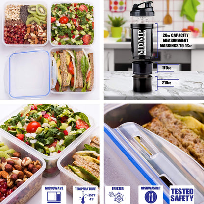 Meal Prep Lunch Bag/Box For Men, Women + 3 Large Food Containers (45 Oz.) + 2 Big Reusable Ice Packs + Shoulder Strap + Shaker With Storage. Insulated Lunchbox Cooler Portion Control Set (Black)
