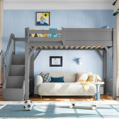 DNYN Loft Bed Frame with Built-in Wardrobe and Bedside Shelf for Teens/Adults Bedroom, Space-Saving Twin Size Bed Frame with Staircase and Guardrails, No Box Spring Needed