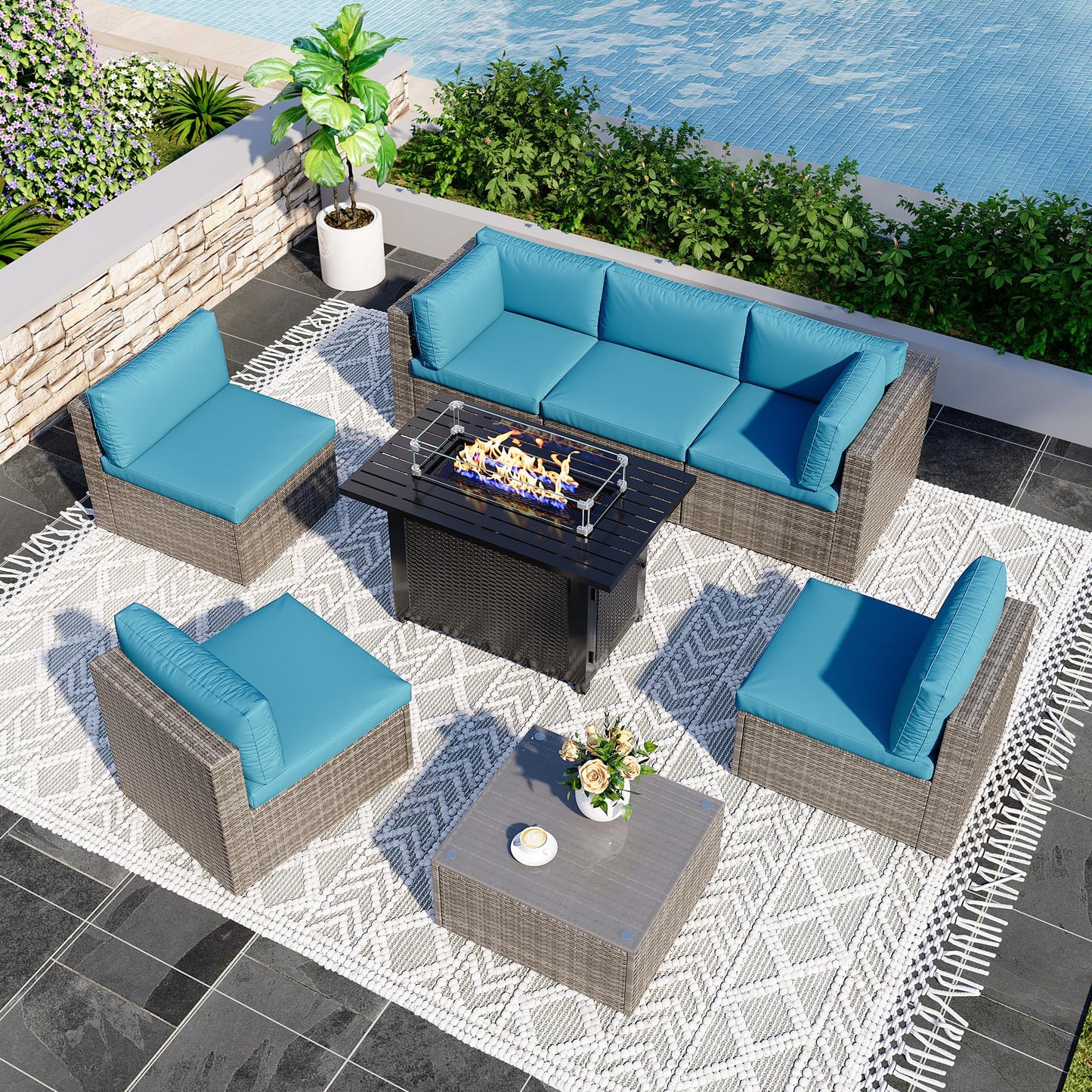 8 Pieces Outdoor Patio Furniture Set with 43" Fire Pit Table, Wicker Outdoor Patio Sectional Sofas with Cushions and Coffee Table, All-Weather Patio Conversation Set for Garden Backyard, Light Blue