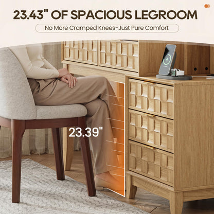 MALOL 50" Checkerboard Vanity Desk, Large Glass Top Dressing Table with 5 Drawers & 4 Storage Shelves, Wooden Makeup Vanity with Built-in Power Strip with USB & Type-C, Natural Wood