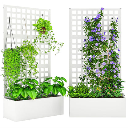 Outsunny Galvanized Raised Garden Bed with Trellis, Metal Planter Box with Drainage Holes, Outdoor Privacy Screen for Climbing Plants, Vegetable, Vines, 35" x 16" x 70", 2 Pack, White