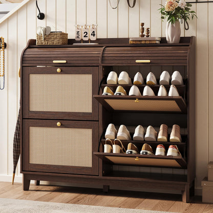 LINSY Shoe Storage Cabinet, Rattan Shoe Cabinet Flip Drawer Shoes Rack Cabinet with Sliding Tambour Door, Large Shoe Cabinets Mid Century Modern Hidden Shoe Storage Organizer for Entryway, Walnut