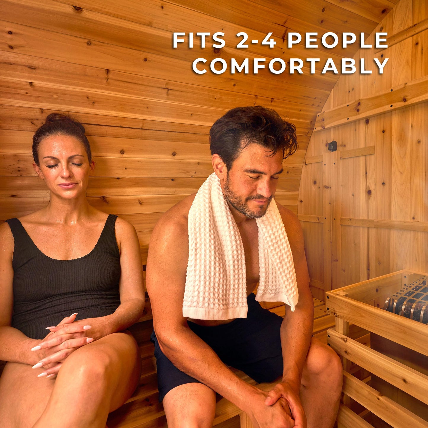 Backyard Discovery Paxton 2-4 Person Traditional Cedar Outdoor Barrel Sauna with Electric Sauna Heater, Front Porch, Sauna Rocks, Dry Heat, Steam Sauna, LED Lights, Wi-Fi Panel, Sauna Accessories