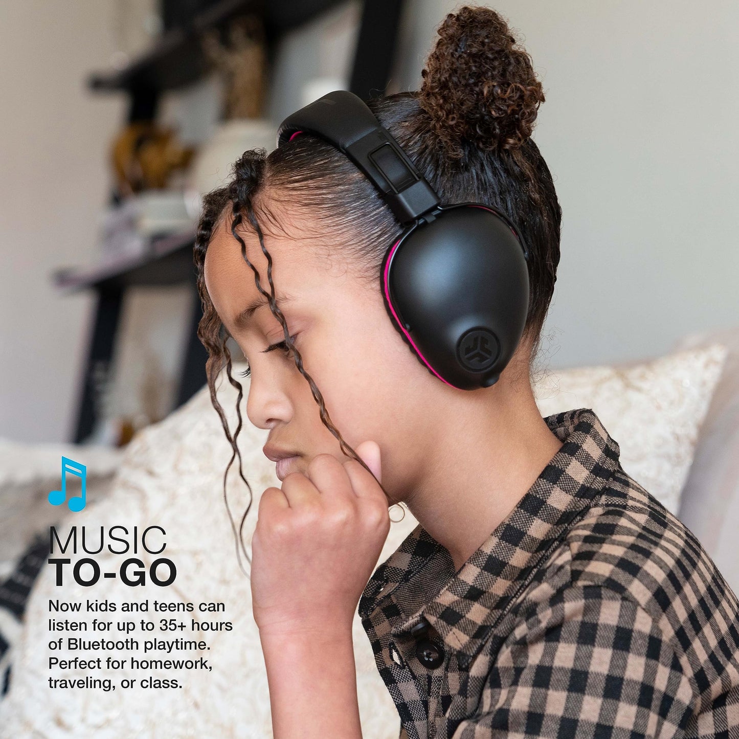 JLab JBuddies Pro Wireless Over-Ear Kids Headphones, 35+ Hour Battery Life, Built-in Volume Regulators for Safety, Share Mode, Folding, Adjustable, Noise Isolation, with Mic, Pink