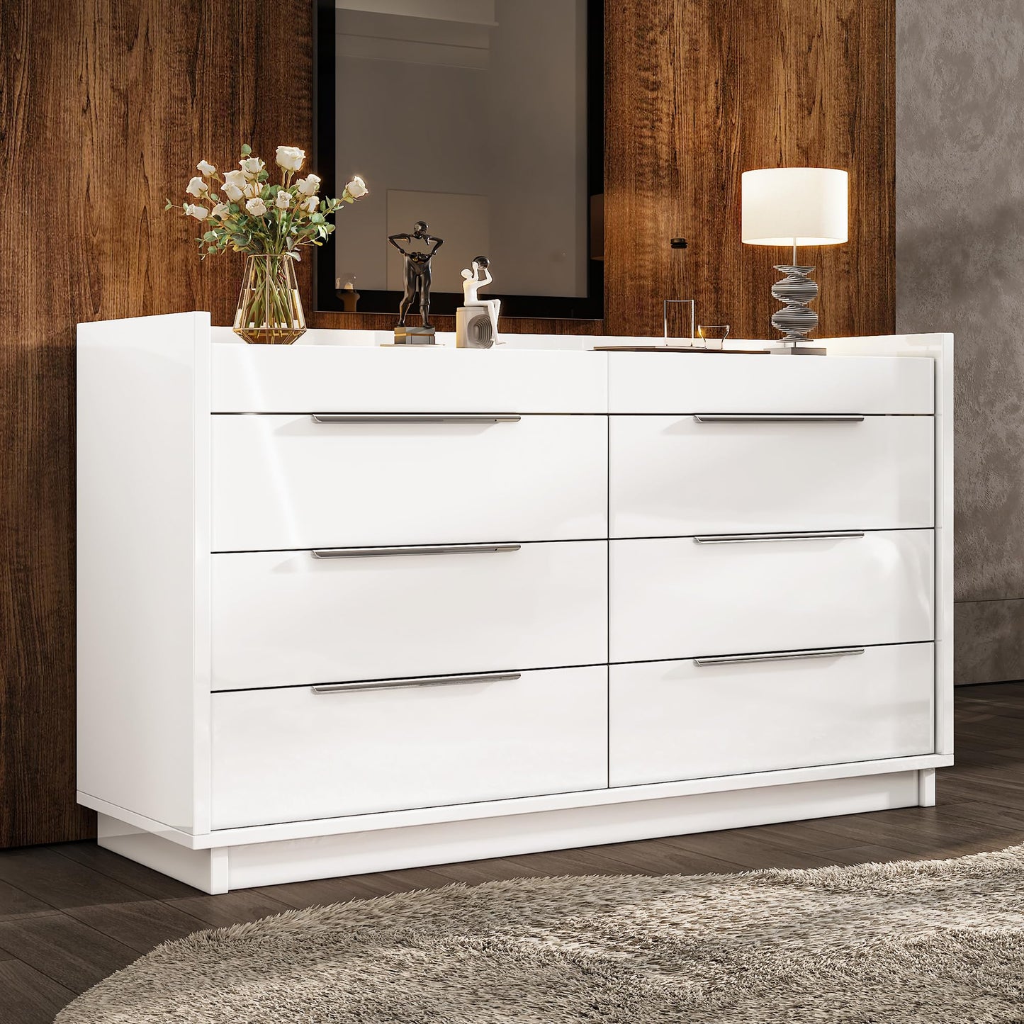 AMERLIFE 47.2" W 8 Drawer Dresser with LED Light & Glass Top, Modern High Gloss Storage Chest with 2 Jewelry Drawers, Storage Organizer for Bedroom, White