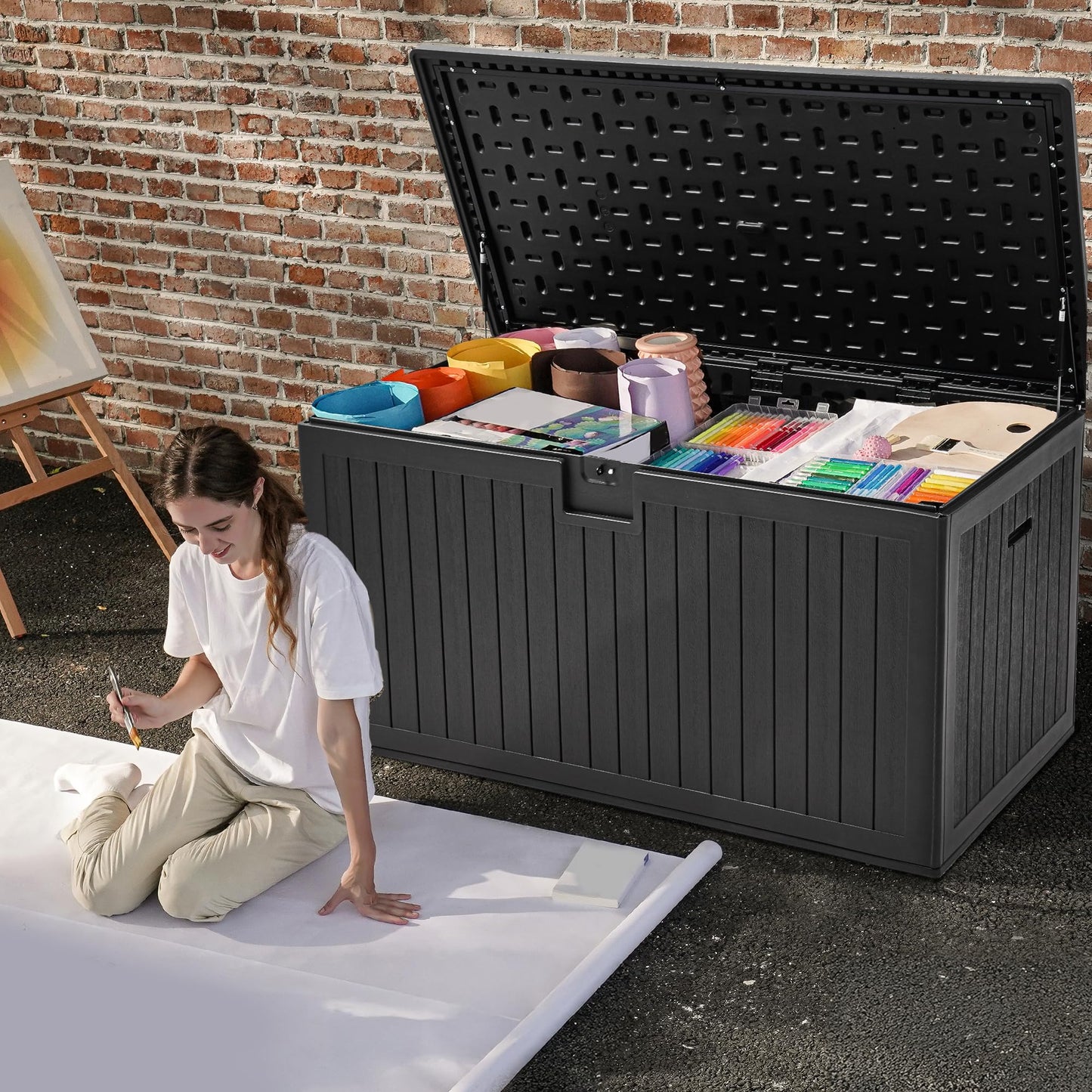 DWVO 260 Gallon Resin Outdoor Storage Box, XXL Double-Wall Waterproof Deck Box with Divider, Doubles as Table or Seating with 1000 lbs Capacity, Lockable (Black)