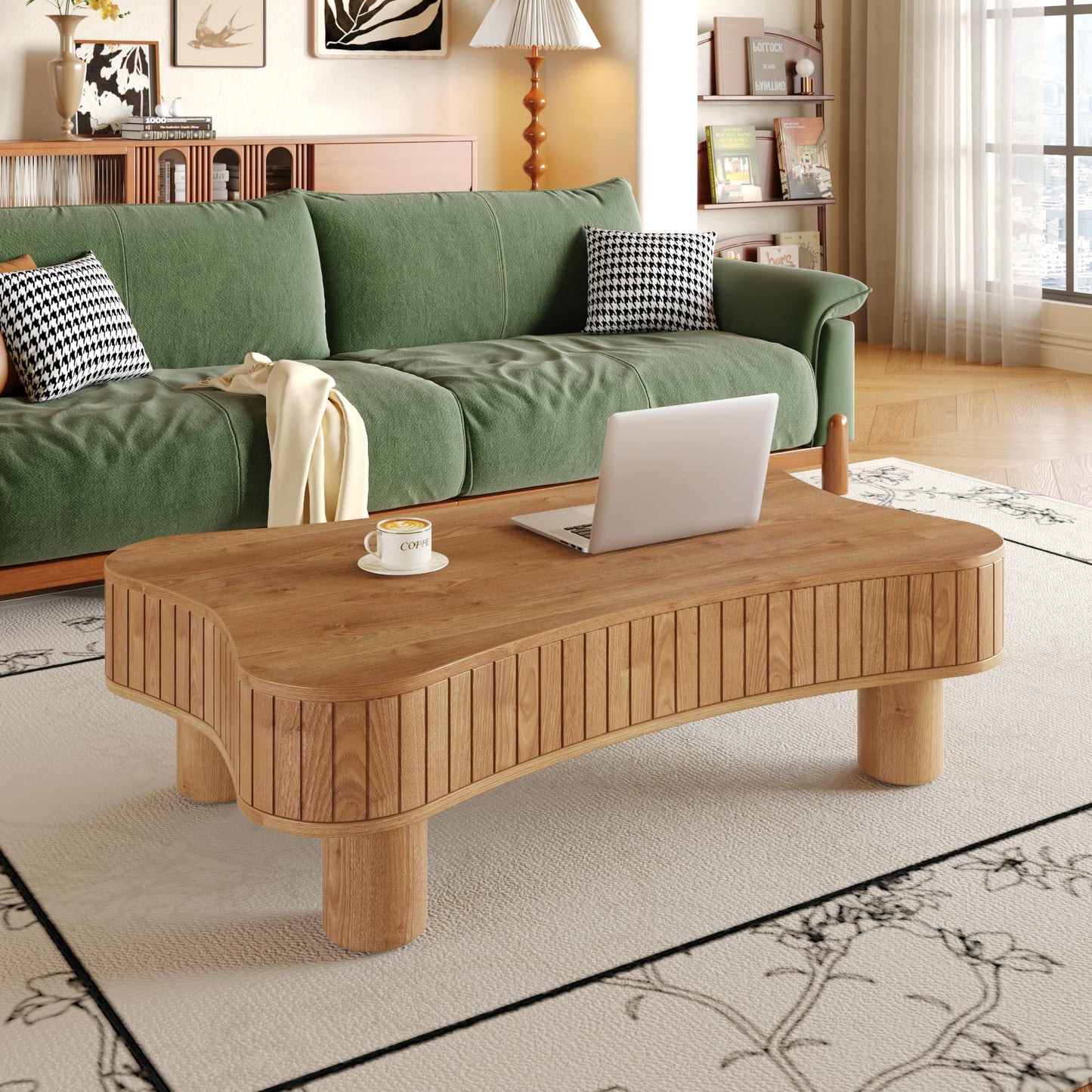 GDFStudio Zurnes Lift Top Coffee Table with Storage, 42" Accent Table for Living Room, Fluted Panel Hidden Storage, Silent Hydraulic Lift, Curved Corners, Easy Assembly, Light Brown