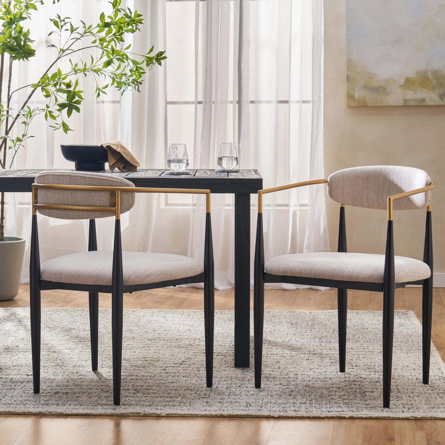 Christopher Knight Home Gertru Dining Chairs Set of 2, Stylish Upholstered Dining Room Chairs, Fabric Kitchen Chair with Gold Black Accent Iron Frame, Elegant Toothpick Design, Beige