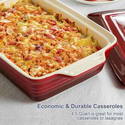 LOVECASA 4.5 Quart Ceramic Casserole Dish - Oven & Dishwasher Safe Lasagna Pan with Lid | Gradient Red