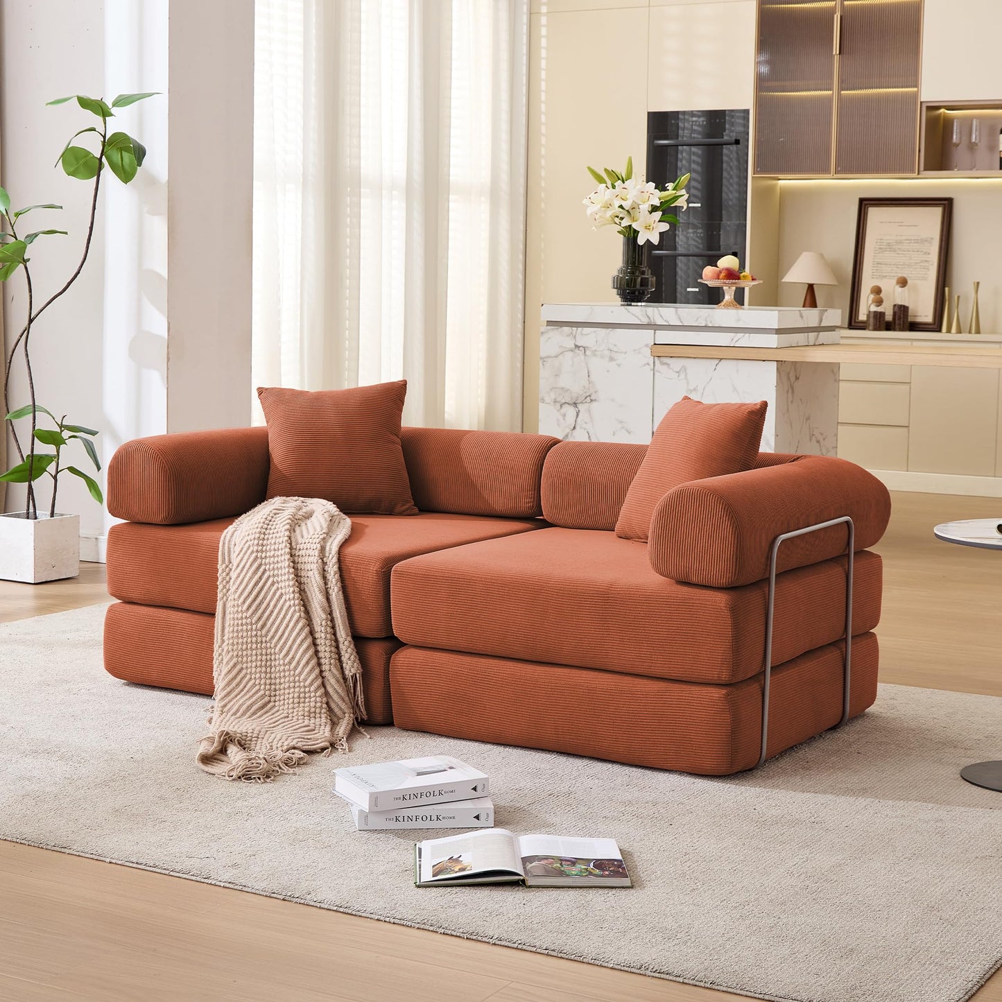 KEIKI 73" Corduroy Modular Sofa Bed with Removable Rolled Armrests and 2 Throw Pillow, Modern Style Convertible 2-Seater Upholstered Couch, No Assembly, for Apartment, Living Room, Orange