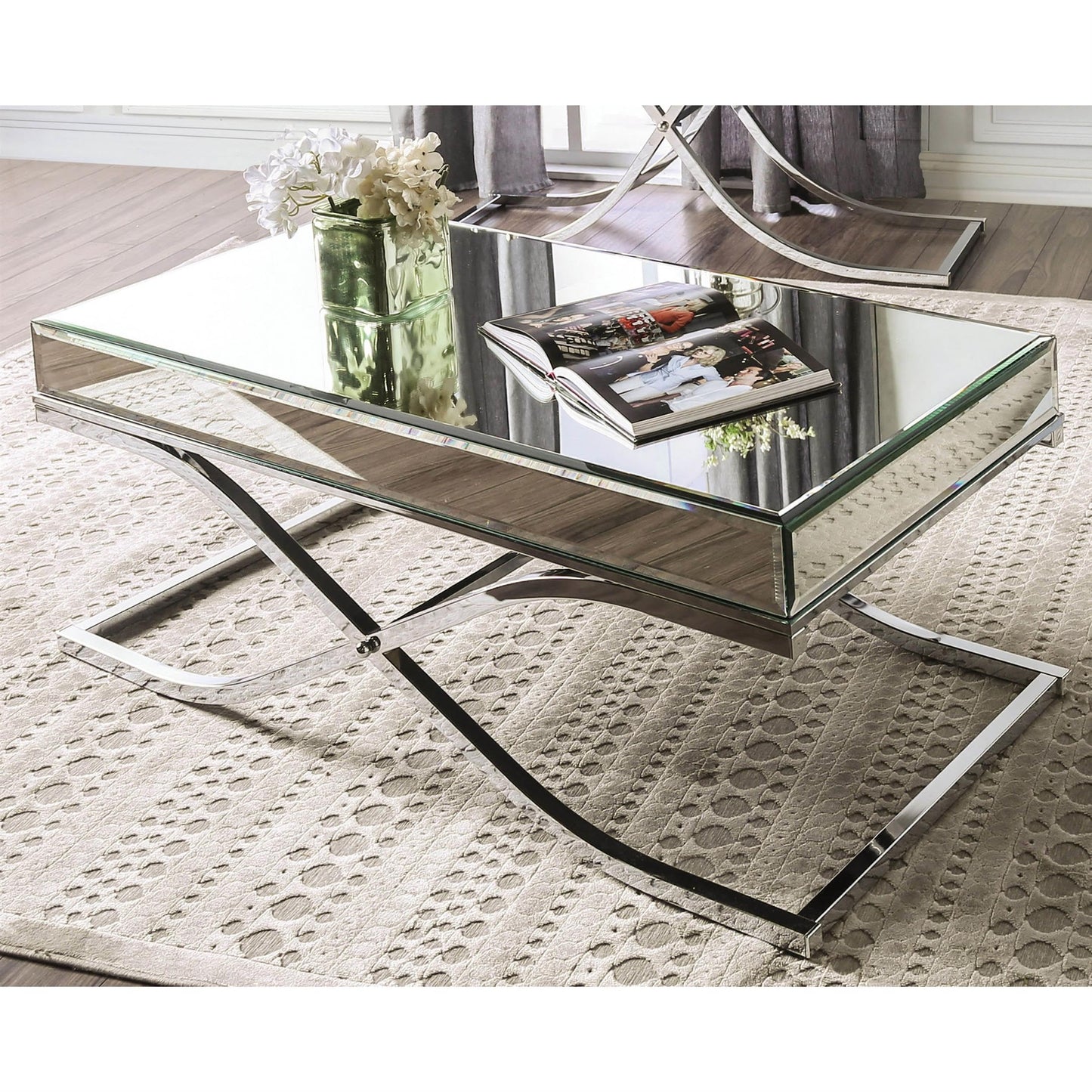 Furniture of America Luxy Glam Mirrored Top Metal 48 in. Rectangle Coffee Table for Living Room, Bedroom, Chrome Silver