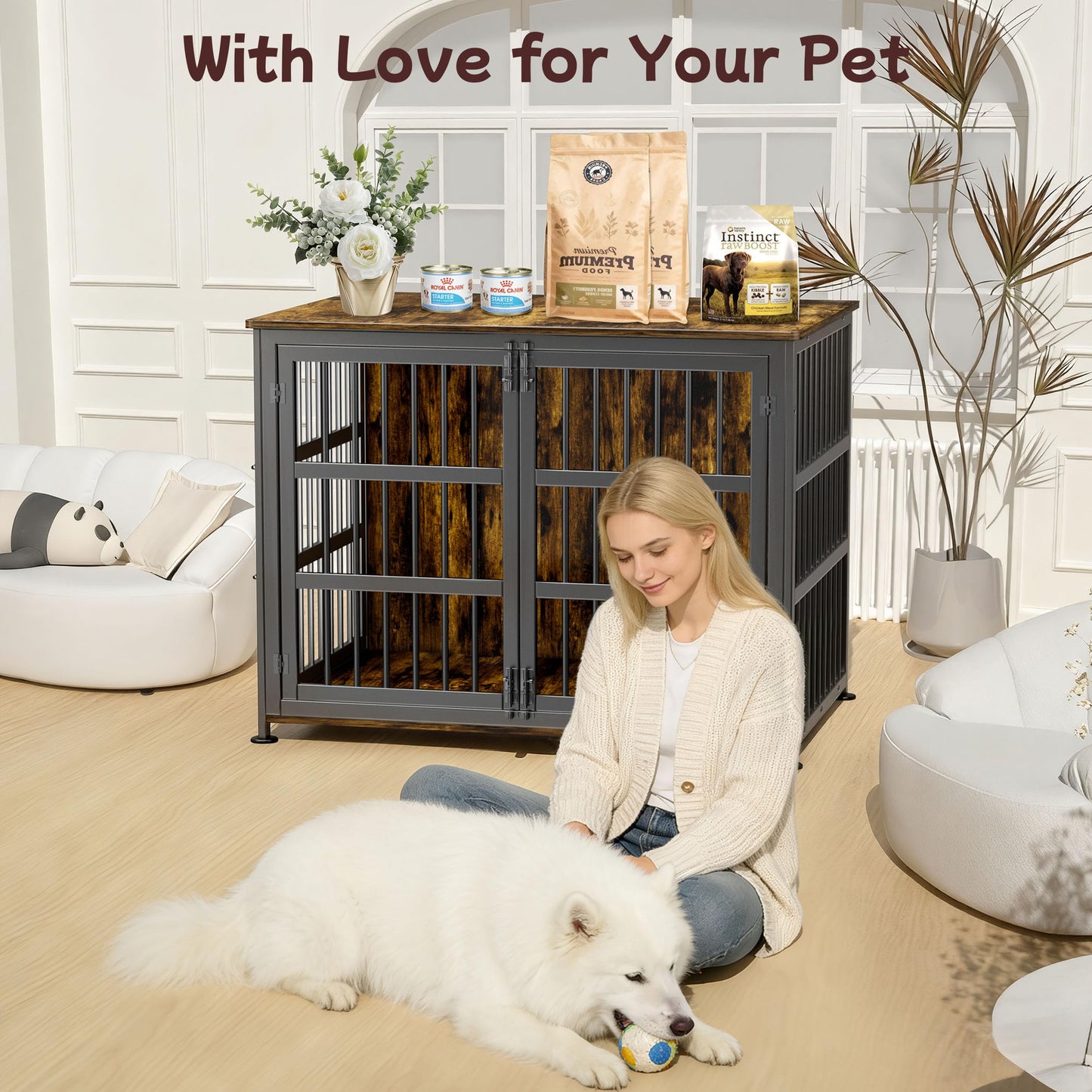 CABZOON 42'' Dog Crate Furniture Large Breed Dog Crate Dog Kennels for Inside Wooden Dog Crates End Table Heavy Duty Indoor Combination Cage for Medium to Large Dogs Walnut