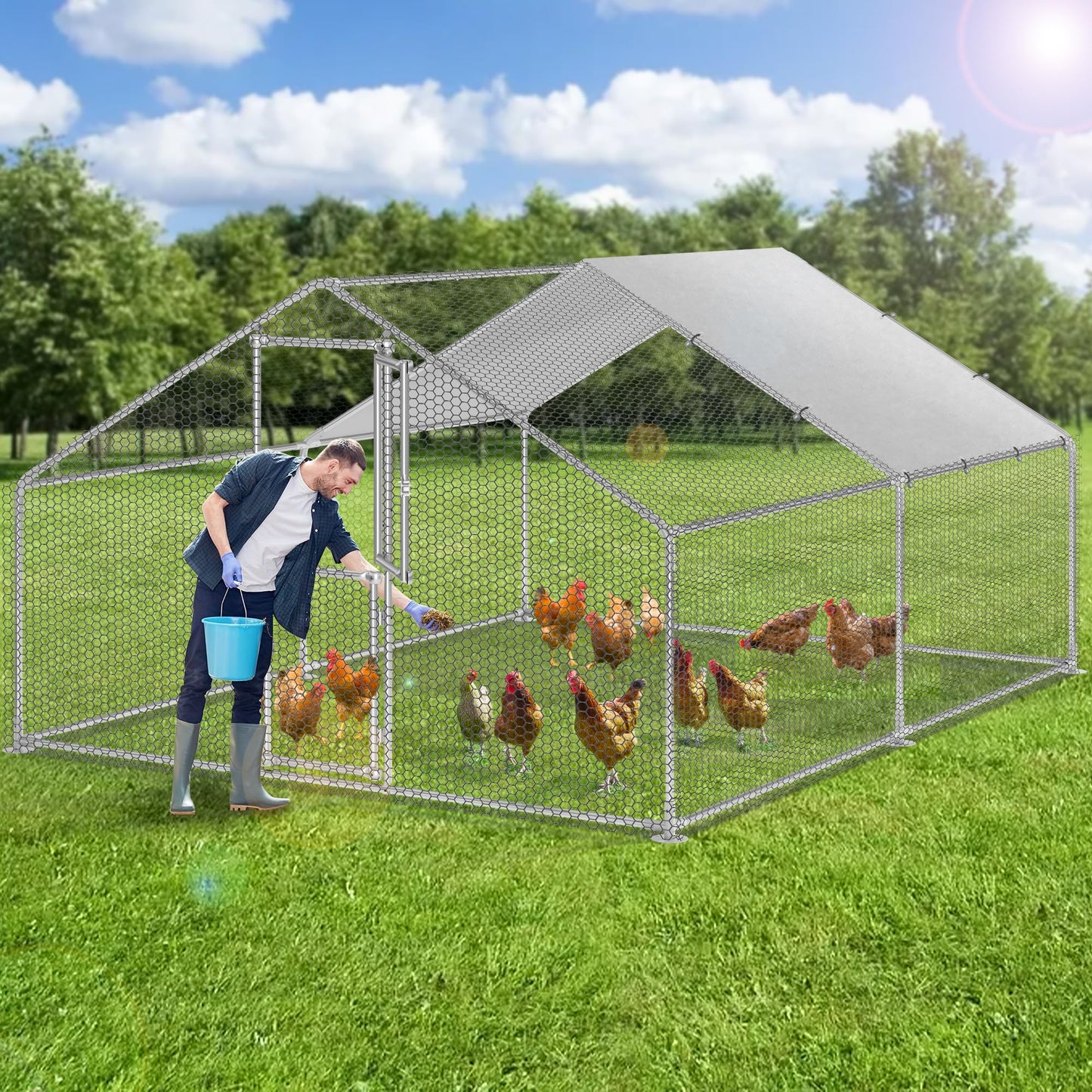 YITAHOME Large Metal Chicken Coop Run Pen for 10-20 Chickens, Walk-in Poultry Cage Hen Run House w Waterproof & Anti-UV Cover, Outdoor Chicken Cage for Outside, Backyard, Farm (13.1 x 9.8 x 6.4 ft)
