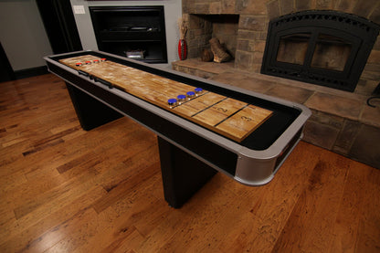 Atomic 9’ Platinum Classic Shuffleboard Table – Smooth Poly‑Coated Playfield, Pedestal Legs with Levelers, Abacus Scoring, Includes 8 Pucks & Wax
