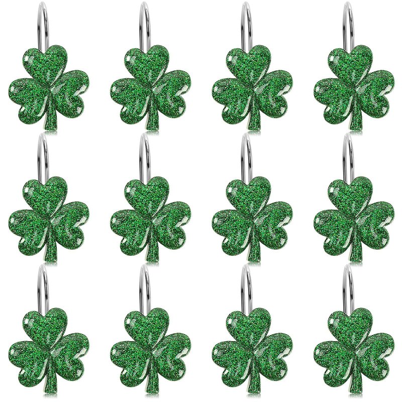 BOARDFEB Sparkling Shamrock Shower Curtain Hooks, 12Pcs St. Patrick's Day Decor with Glitter Clover Design for Festive Bathroom Party Accents