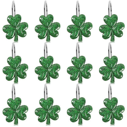 BOARDFEB Sparkling Shamrock Shower Curtain Hooks, 12Pcs St. Patrick's Day Decor with Glitter Clover Design for Festive Bathroom Party Accents