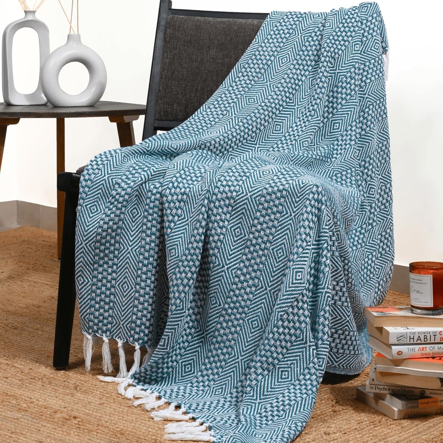 RAJRANG Rustic Throw Blanket - Decorative Tassel Cotton Throws, Geometric Woven Soft Patio Comfy Blankets Teal Blue