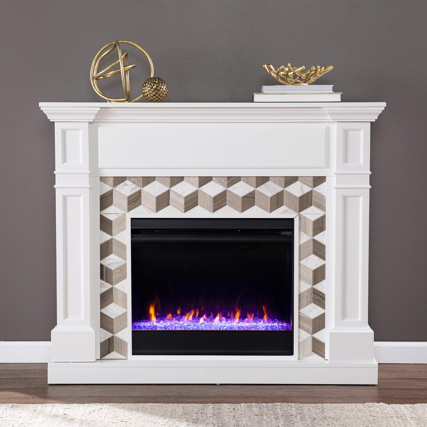 SEI Furniture Darvingmore Color Changing Fireplace w/Marble Surround, White/Brown