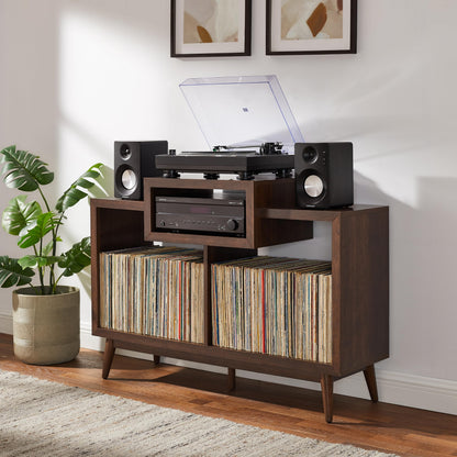 Crosley Furniture Nashville Mid Century Modern Console Record Player Stand, Stores Up to 220 Vinyl Records, Medium, Brown