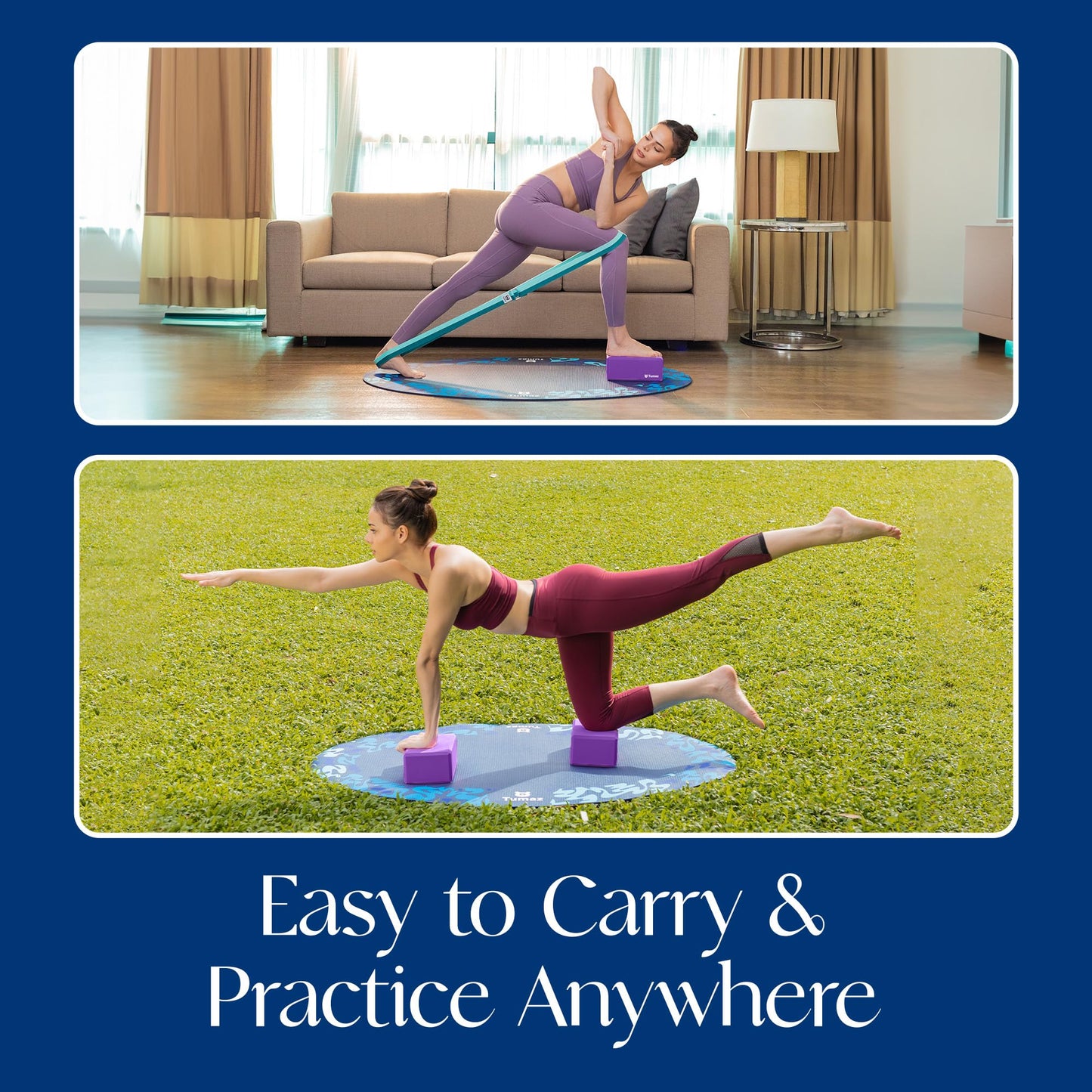 Tumaz Non-Slip Yoga Blocks 2-Pack - High Density/Lightweight EVA Foam & Natural Cork for Stability, Premium Set with E-Book Included