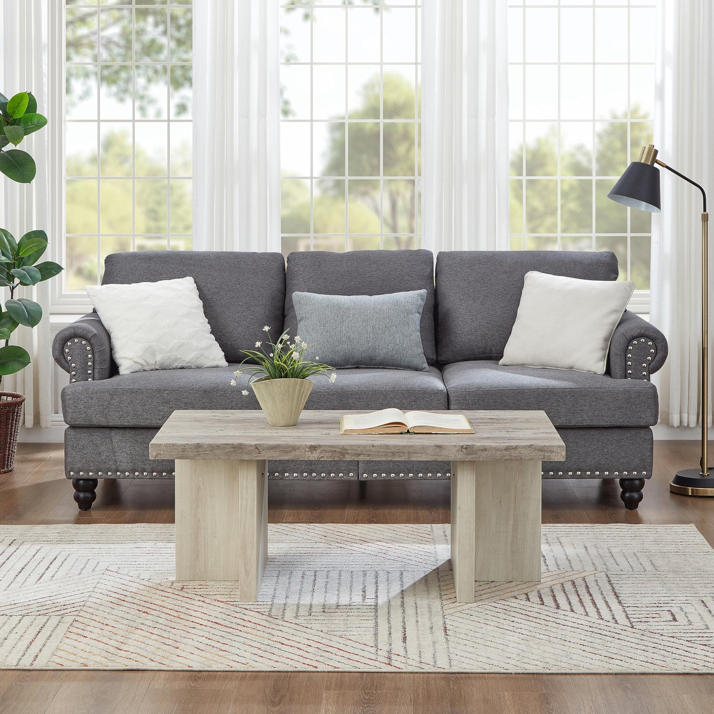 Roundhill Furniture Mchome 3-Piece Coffee Table Set, Coffee Table and Two End Tables, Weathered Gray and Beige
