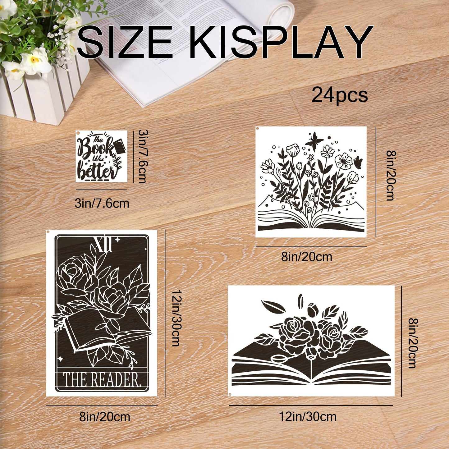 Book Flower Stencils for Painting - 24 Pcs Reusable Book Flower Floral Plants Spraying Drawing Supplies Stencils DIY Crafts Drawing Template Set for Home Wood Table Wall Paper Scrapbook Decor