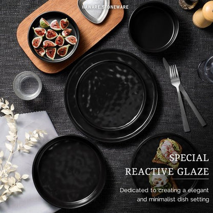 HaWare Dinnerware Sets, 12-Piece Plates and Bowls Set, Stoneware Dish Set for 4, Ceramic Dinnerware for Home Restaurant, Chip and Scratch Resistant, Microwave and Dishwasher Safe, Matte Black