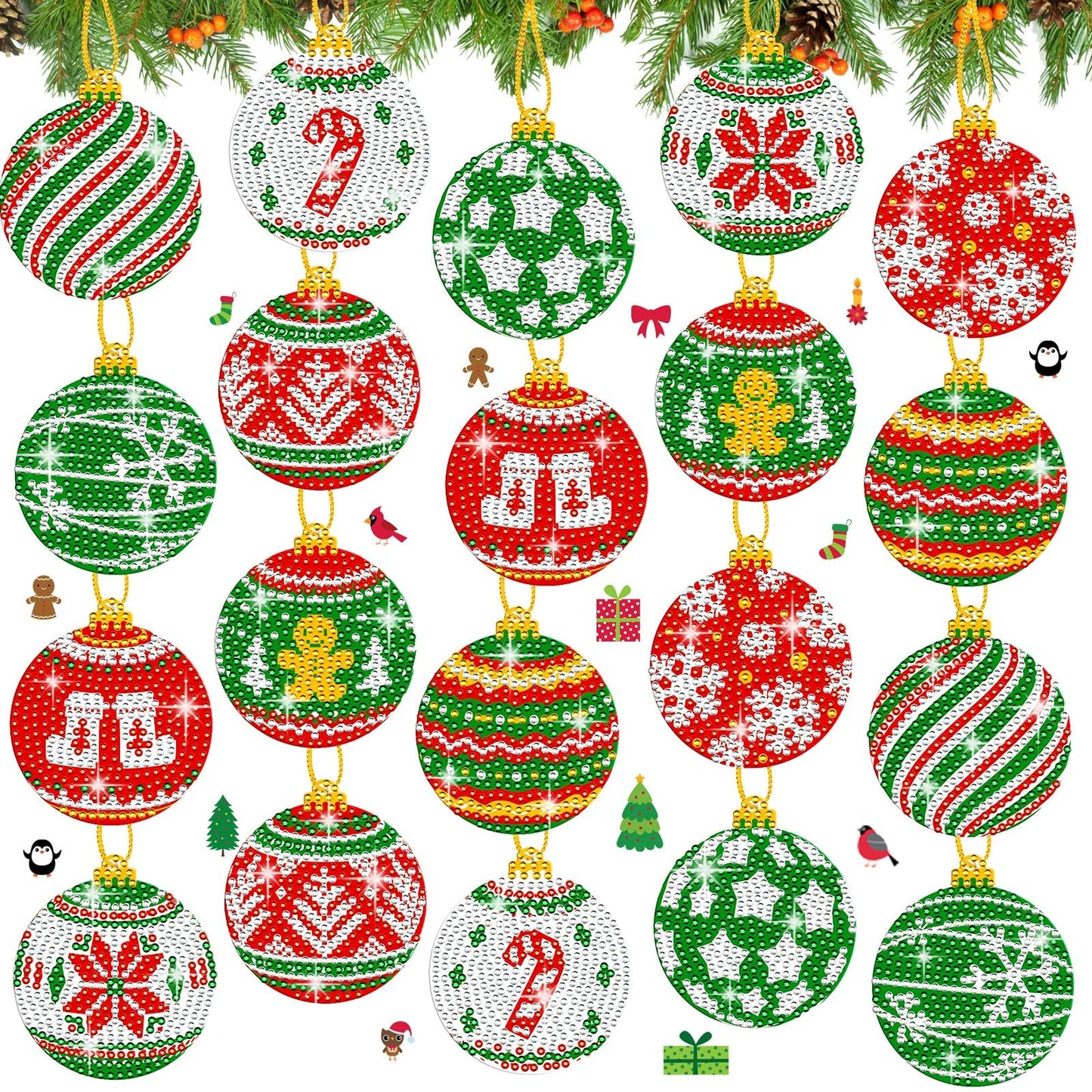 Yuntau 20 Pcs Christmas Ball Diamond Art Ornaments Red Green Diamond Painting Keychain 5d Xmas Tree Hanging Ornaments DIY Christmas Kits for Adults Crafts Holiday Party Decor(Ball)