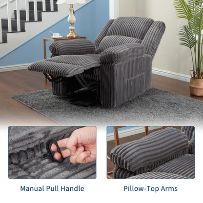 Garvee Corduroy Recliner Chair, Manual Recliner Sofa with Handle, Pillow Top Arms, Thick Padding, Side Pocket, 330Lbs Capacity, Adjustable Recliner for Living Room, Bedroom, Home Theater, Dark Gray