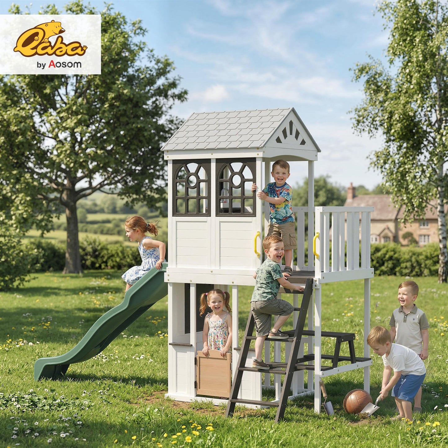 Qaba Two-Story Outdoor Wooden Playhouse for Kids with Slide, Picnic Table & Bench, Play Kitchen, Ladder, Lookout Platform for Age 2+ Backyard Play, White