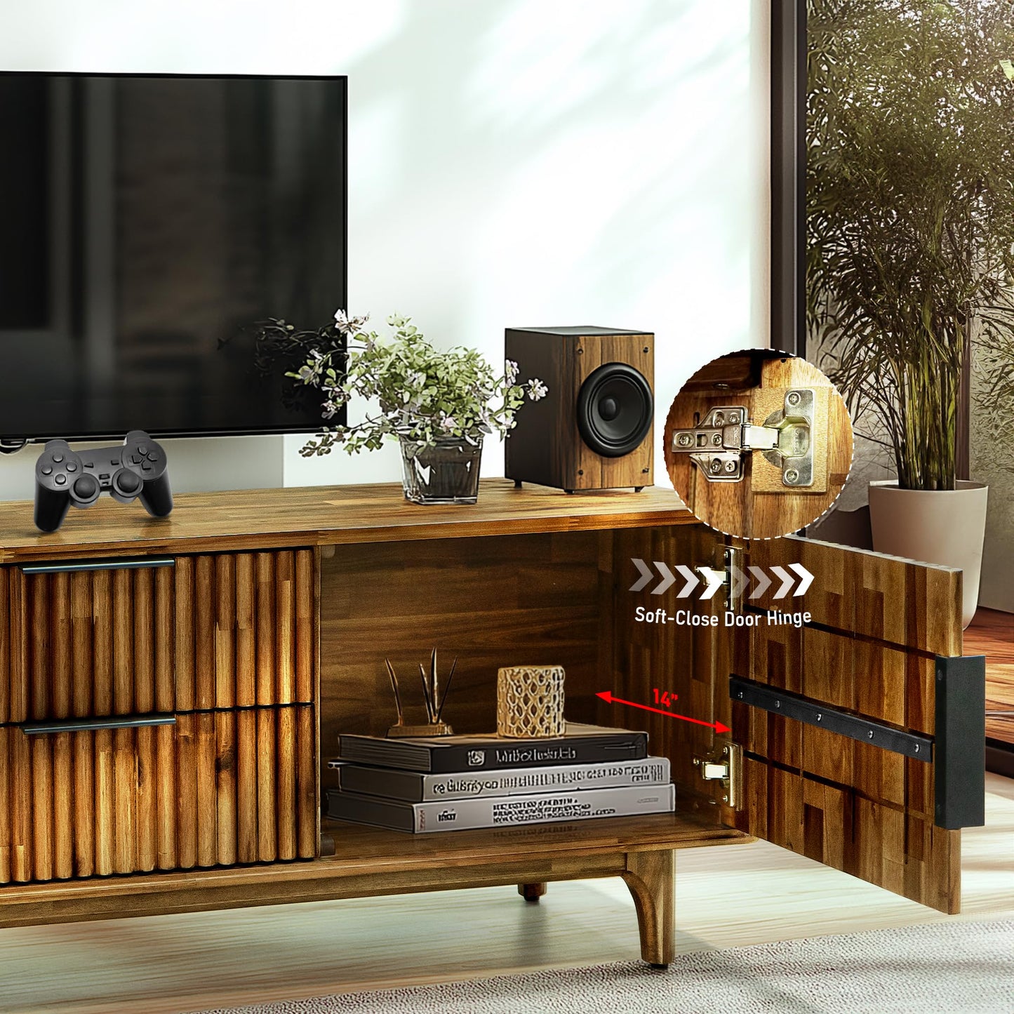 MEGSU 54" Bosk Fluted Acacia Wood TV Stand for TVs up to 60"–Mid-Century Modern Media Console with Storage, Soft-Close Drawers & Doors TV Stands for Living Room, Bedroom, 250 lbs Capacity, Walnut