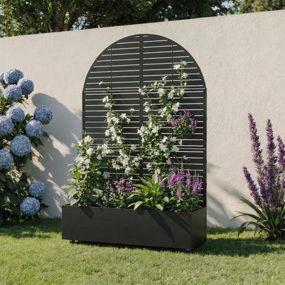 Metal Raised Garden Bed with Trellis and Wheels, 71"x47"x16" Planter Box with Privacy Screen & Drainage Holes, Arched Outdoor Garden Bed for Climbing Plants, Vegetables, Flowers (Black-Louvered)