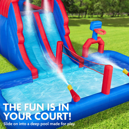 Sunny & Fun Ultra All-Play Inflatable Water Slide Park – Heavy-Duty for Outdoor Fun - Climbing Wall, Slides, Bounce House, Volley Net, Hoop, Deep Pool – Inflate w/Included Air Pump & Carrying Case