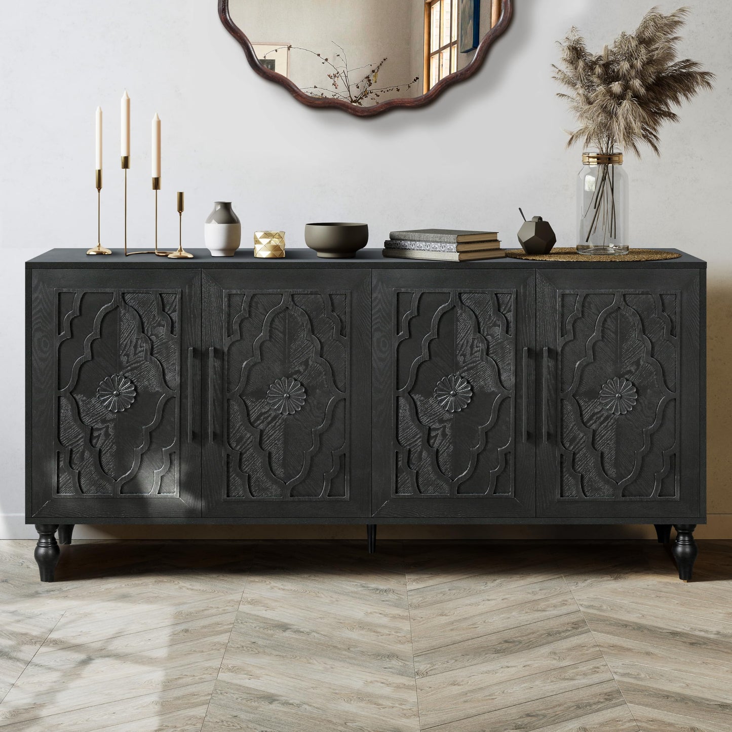 Favfurish Carved Flower Door Large Storage Cabinet,4 Doors Symmetrical Design,with Metal Handle Suitable,Adjustable Shelf,for Sleeping Room,Living Room,Kitchen,Entryway,Black