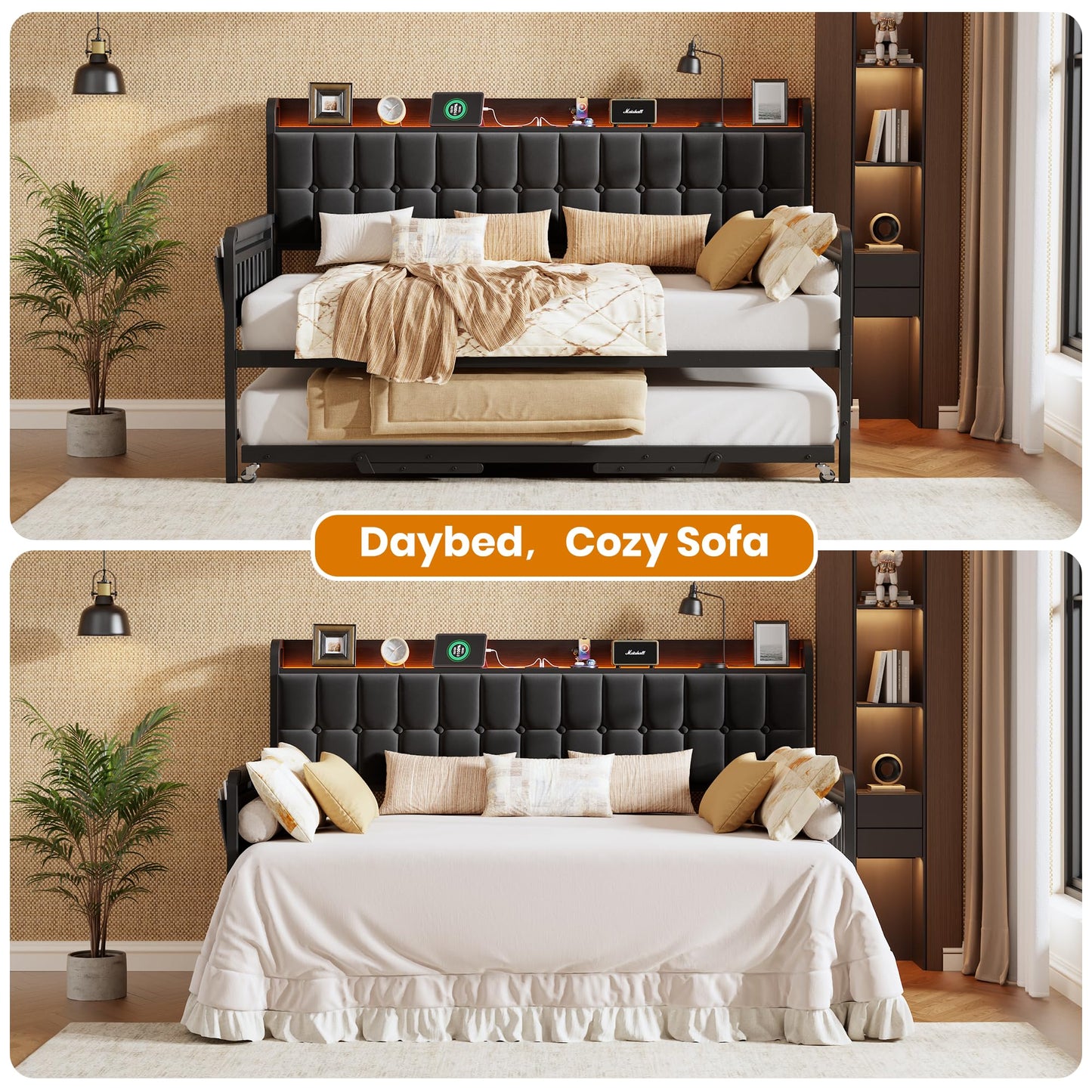 Daybed with Trundle, Metal Twin Bed Frame with Upholstered Storage Headboard, Charging Station & LED, Sofa Day Bed with Pop Up Trundle, Side Pockets, Sturdy Supports for Living Room and Bedroom, Black
