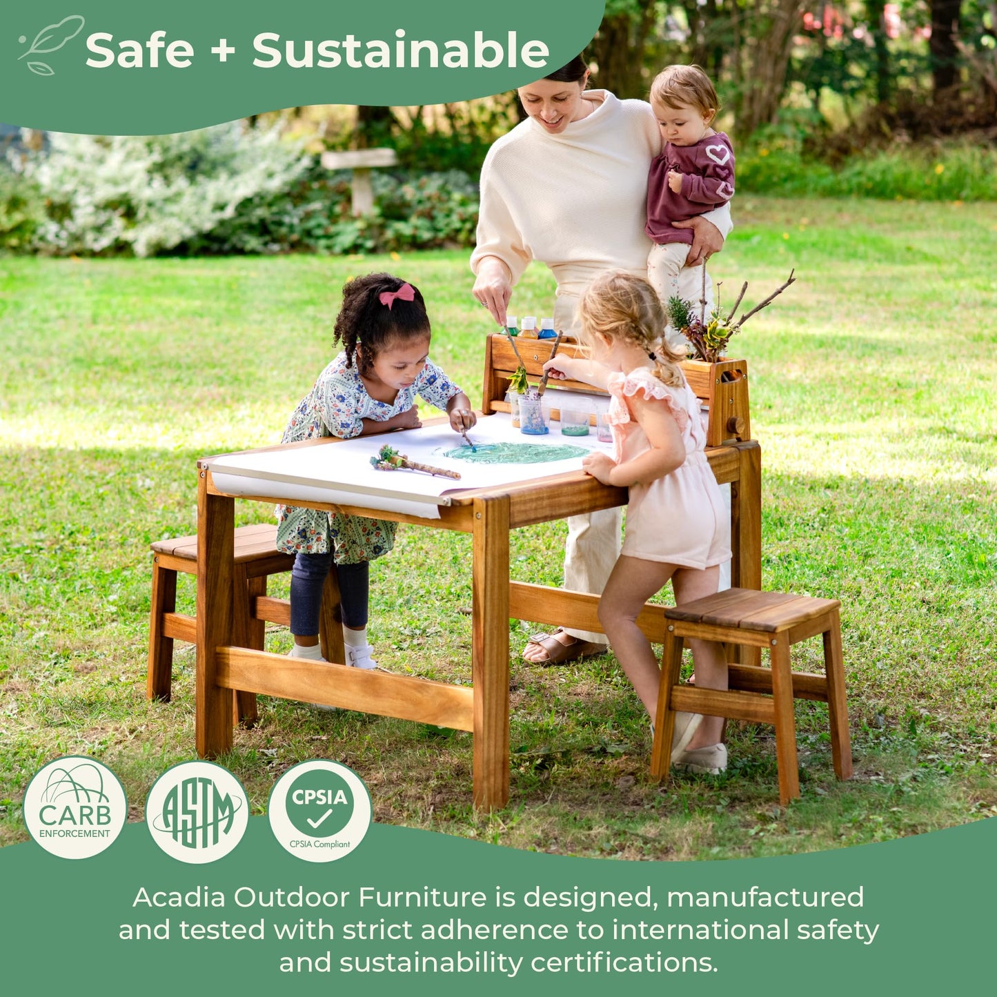 Guidecraft Acadia Outdoor Art Table and Stool Set: Kids Acacia Wood Arts and Crafts Table w/ 2 Chairs, Mobile Storage Paper Roll, and Paint Cups for Drawing, Painting and Toddler Picnic Activities