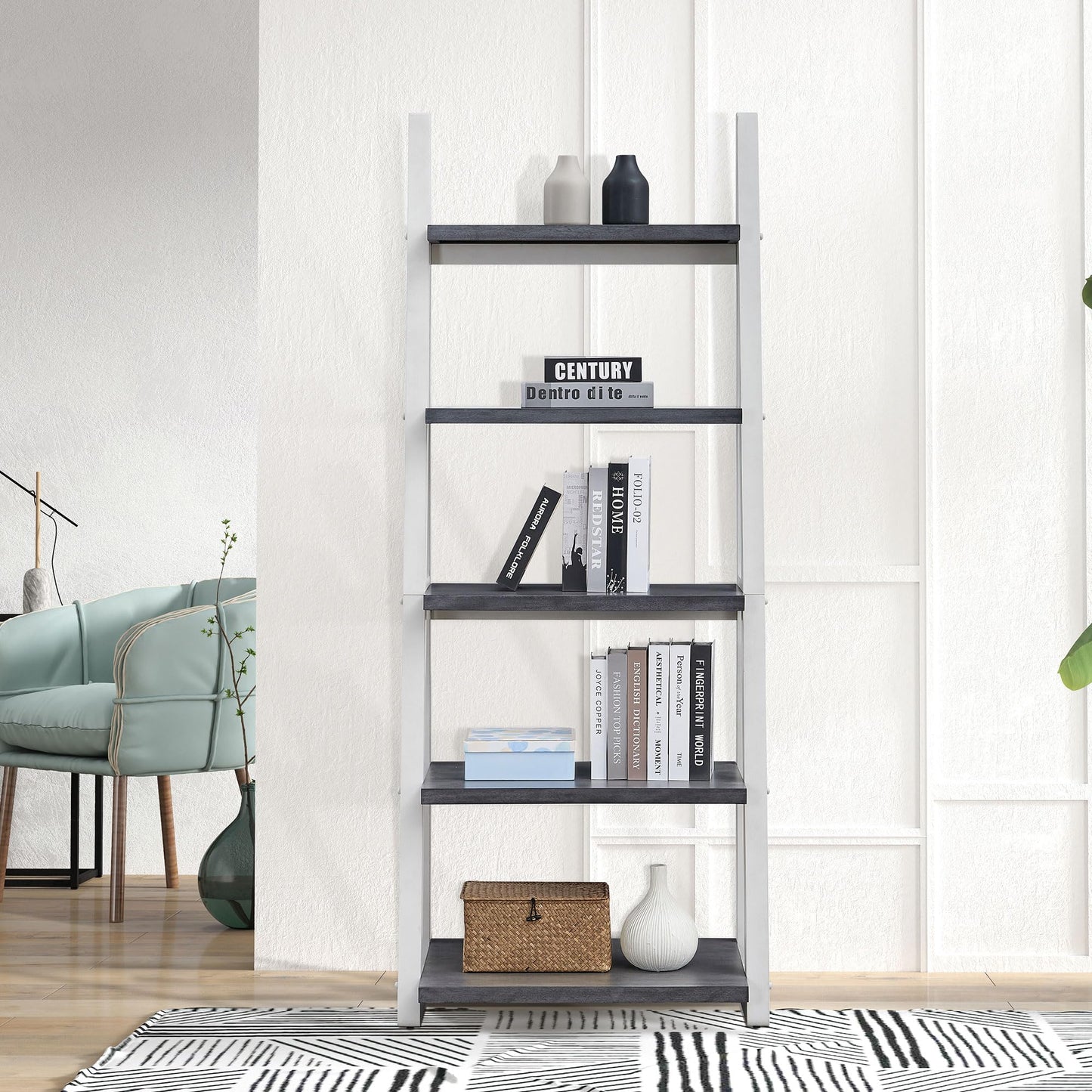 agnixnaf Gray Bookshelf with 4 Shelves, White Legs, Clean Lines, Ladder Bookcase, Industrial, for Office, Bedroom, Living Room, Study Room