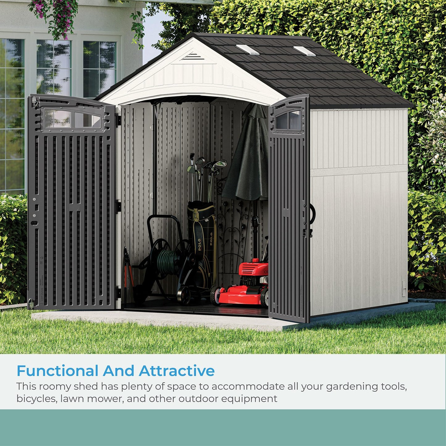 Suncast Ridgeland All-Weather Outdoor 7' x 7' Storage Shed with 327 cu. ft. Capacity, 2 Lockable Double Doors, Windows, Skylights, and Reinforced Resin Floor, Made in The USA