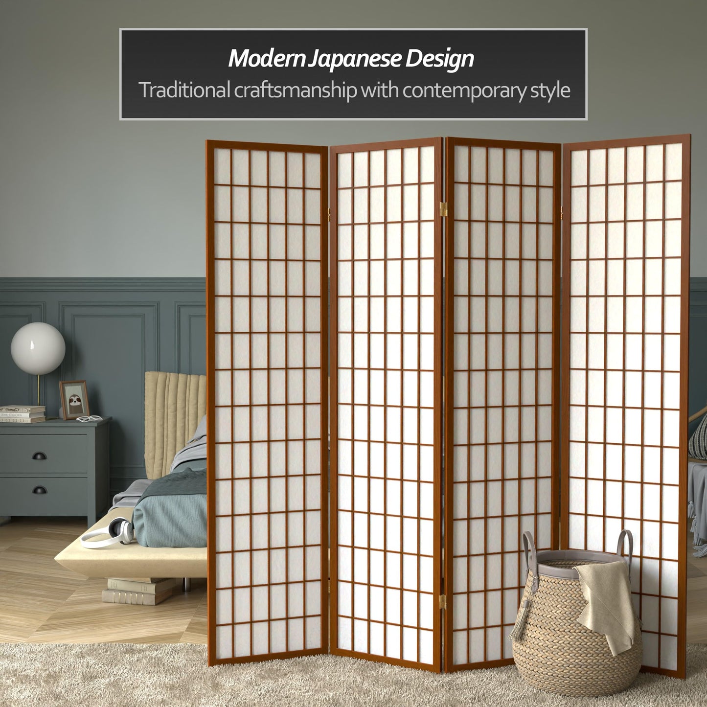 Red Lantern 6 ft. Tall Window Pane Shoji Screen - Walnut - 4 Panels