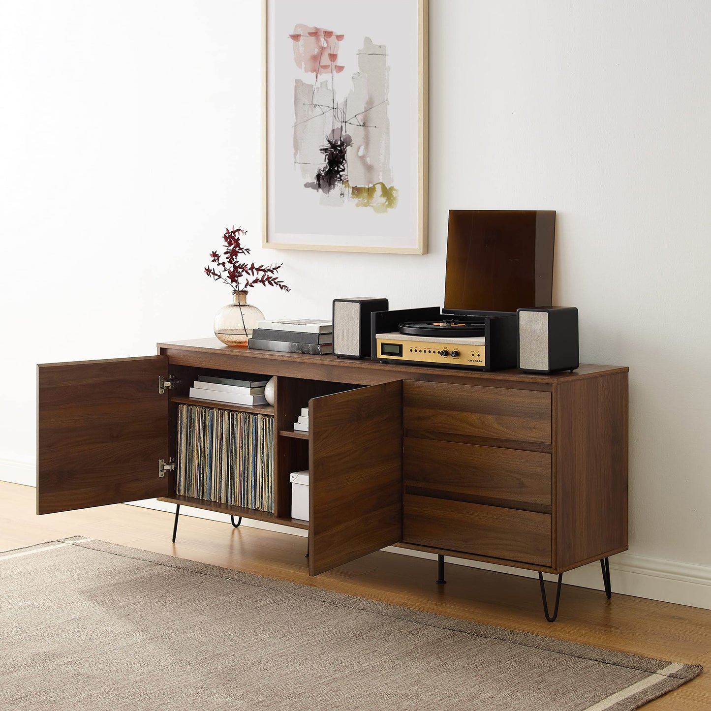 Crosley Furniture Teagan Mid Century Record Storage Sideboard Buffet Cabinet, Brown Oak