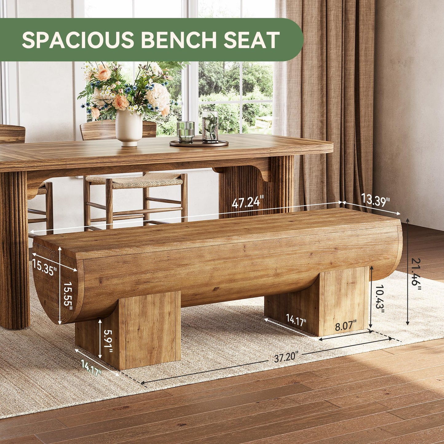 TRIBEWOOD Solid Wood Dining Bench, 47" Farmhouse Indoor Entryway Shoe Bench, Kitchen Bench for Dining Room, Living Room, Hallway (1, Brown)