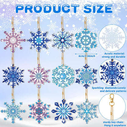 Ferraycle 12 Pcs Diamond Painting Keychain Kit Winter Diamond Art Keychain Ornaments 5d DIY Snowflake Diamonds Painting Key Rings for Adults Art Pedants Decor