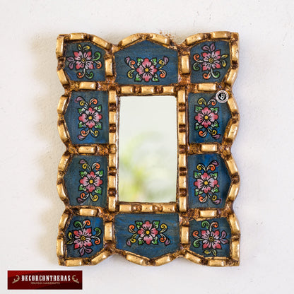 DecorContreras Peruvian Mirror Set of 3 – Handmade Painted Glass Mirror Wall Decor in Green, Red and Blue